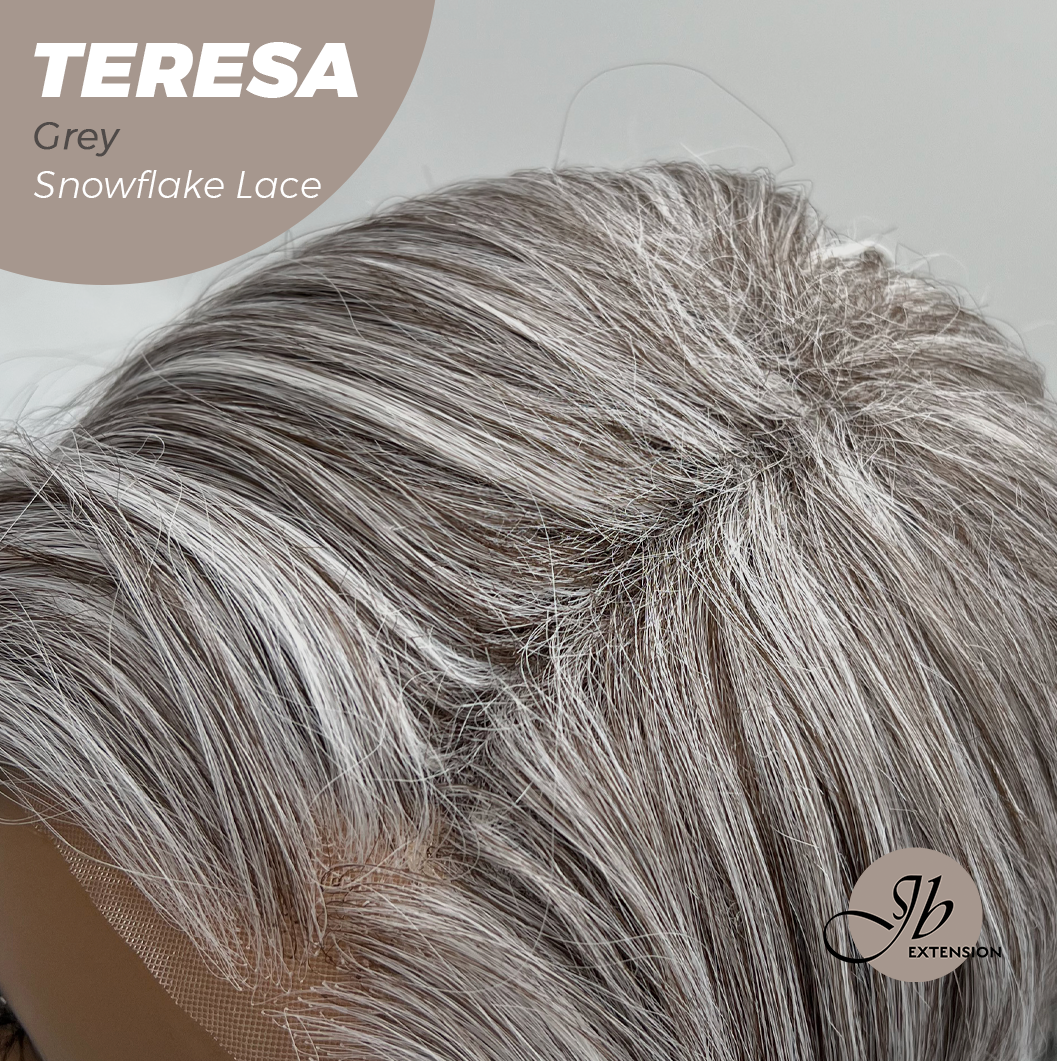 JBEXTENSION 18 Inches Grey Pre-Cut Snowflake Lace Frontlace Glueless Wig TERESA GREY【PERMATEASE】【BENDY EAR TABS】- M/L