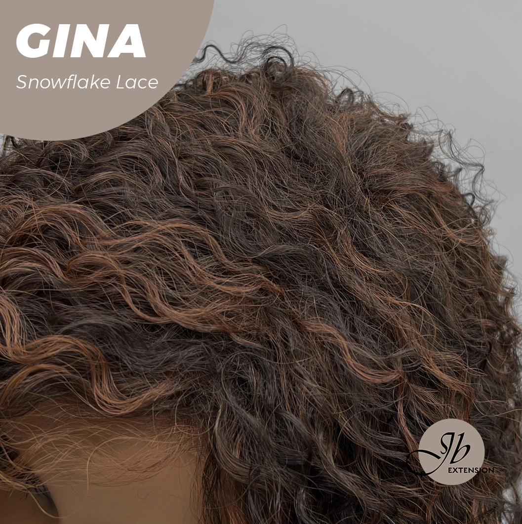 [FINAL SALE] JBEXTENSION 16 Inches Deep Curly Black with Brown Highlight Pre-Cut Snowflake Lace Frontlace Glueless Wig GINA SNOWFLAKE【PERMATEASE】【BENDY EAR TABS】