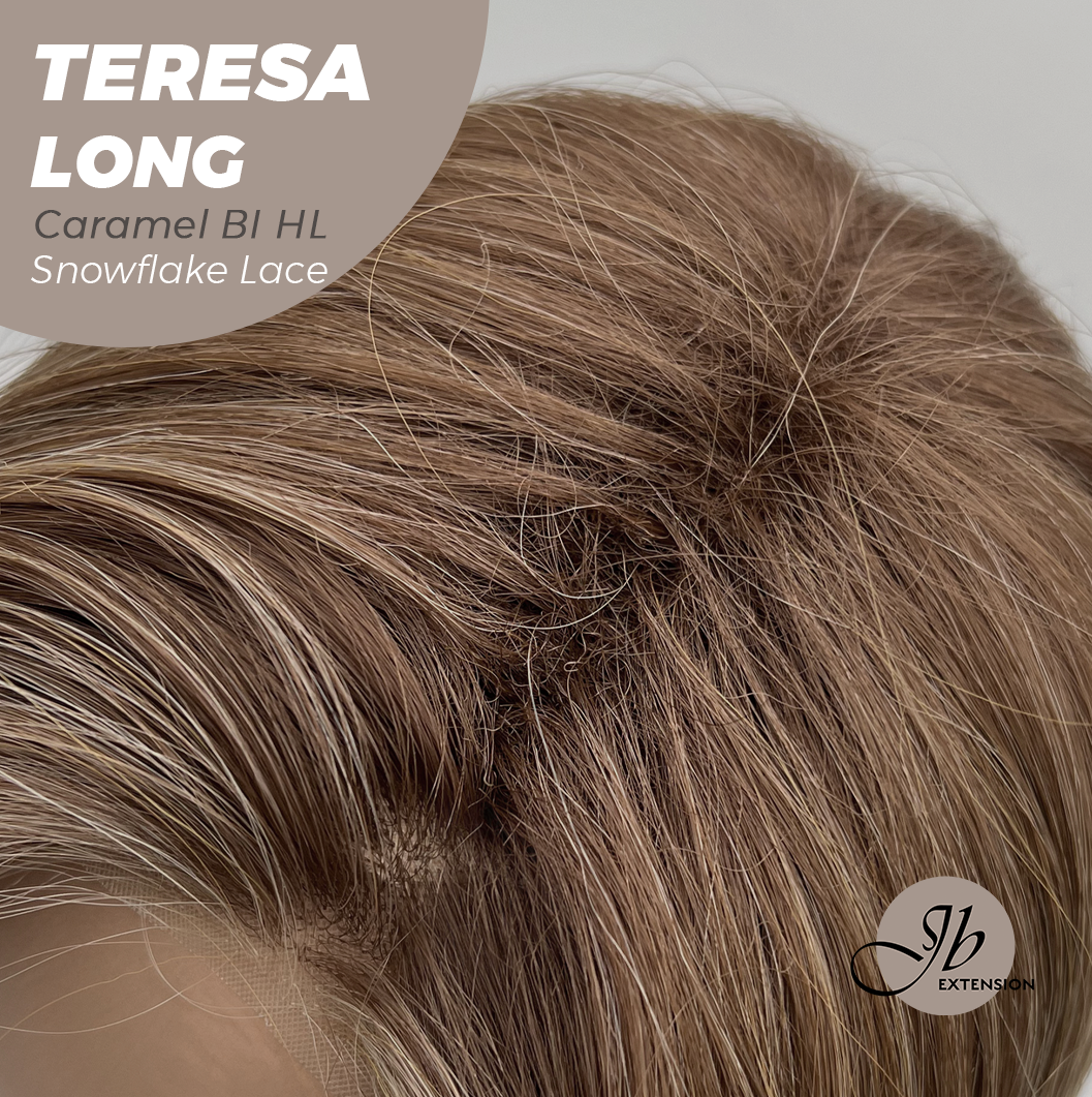 JBEXTENSION 22 Inches Long Caramel Blonde Highlight Pre-Cut Snowflake Lace Frontlace Glueless Wig TERESA LONG CARAMEL BLONDE HIGHLIGHT【PERMATEASE】【BENDY EAR TABS】- M/L