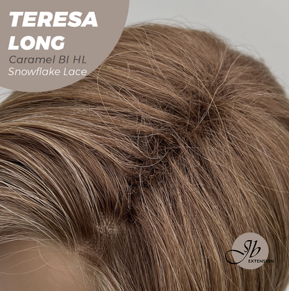 JBEXTENSION 22 Inches Long Caramel Blonde Highlight Pre-Cut Snowflake Lace Frontlace Glueless Wig TERESA LONG CARAMEL BLONDE HIGHLIGHT【PERMATEASE】【BENDY EAR TABS】- M/L