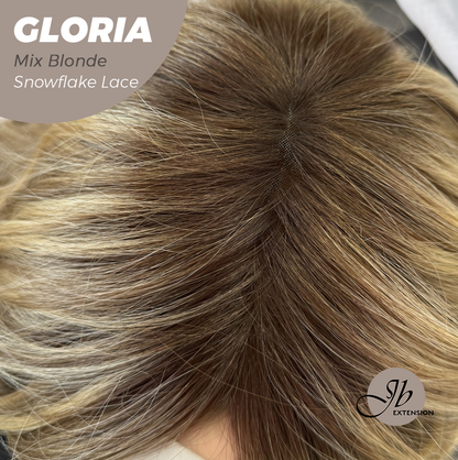 JBEXTENSION 14 Inches Curly Mix Blonde Wig with Bangs Pre-Cut Arc Snowflake Lace Frontlace Glueless Wig GLORIA MIX BLONDE【BENDY EAR TABS】