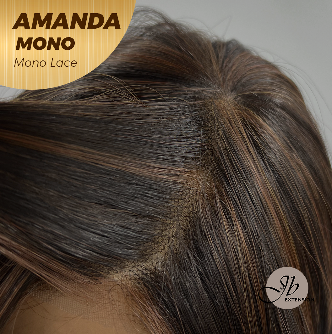 JBEXTENSION AMANDA MONO Full Monofilament Handmade Full Lace Full Hand Tied Wig 10 Inches Black With Caramel Highlight Mono Lace Handmade Futura Fiber Wig Glueless Wig AMANDA MONO【BENDY EAR TABS】