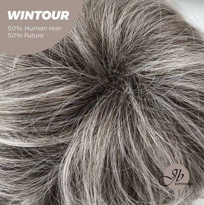 JBEXTENSION Pixie Cut Silver Half Real Human Hair Half Futura Fiber Fashion Women Wig WINTOUR