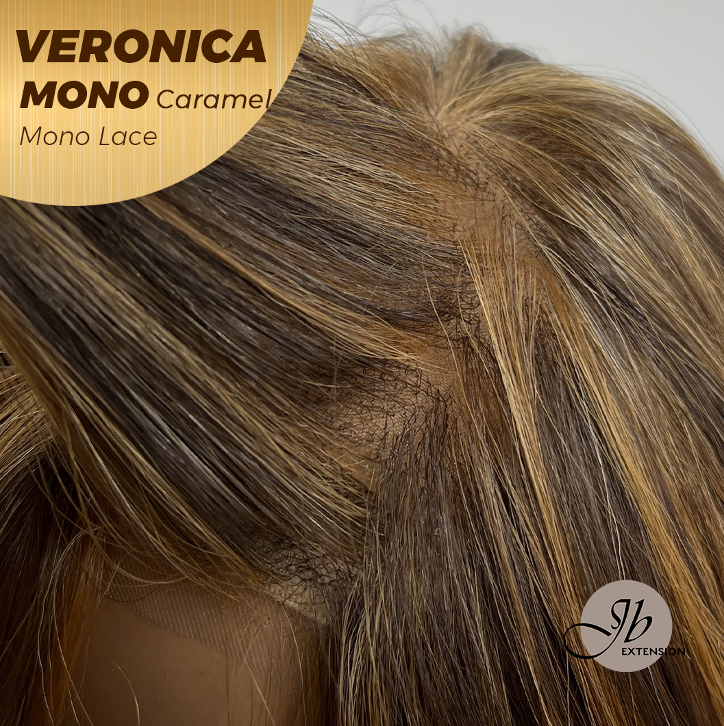 JBEXTENSION VERONICA MONO Monofilament Handmade Wig 6X5 Full Monofilament Hand Tied Top Wig 12 Inches Caramel Wave Mono Lace Wig With Anti-slip Silicone Strips Glueless Wig VERONICA MONO CARAMEL【BENDY EAR TABS】