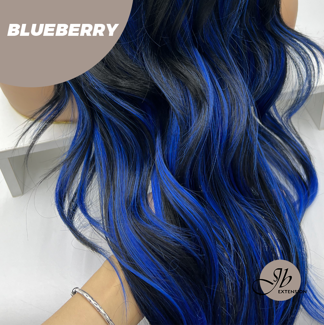 JBEXTENSION 28 Inches Long Black With Blue Highlight Wave Wig With Bangs BLUEBERRY