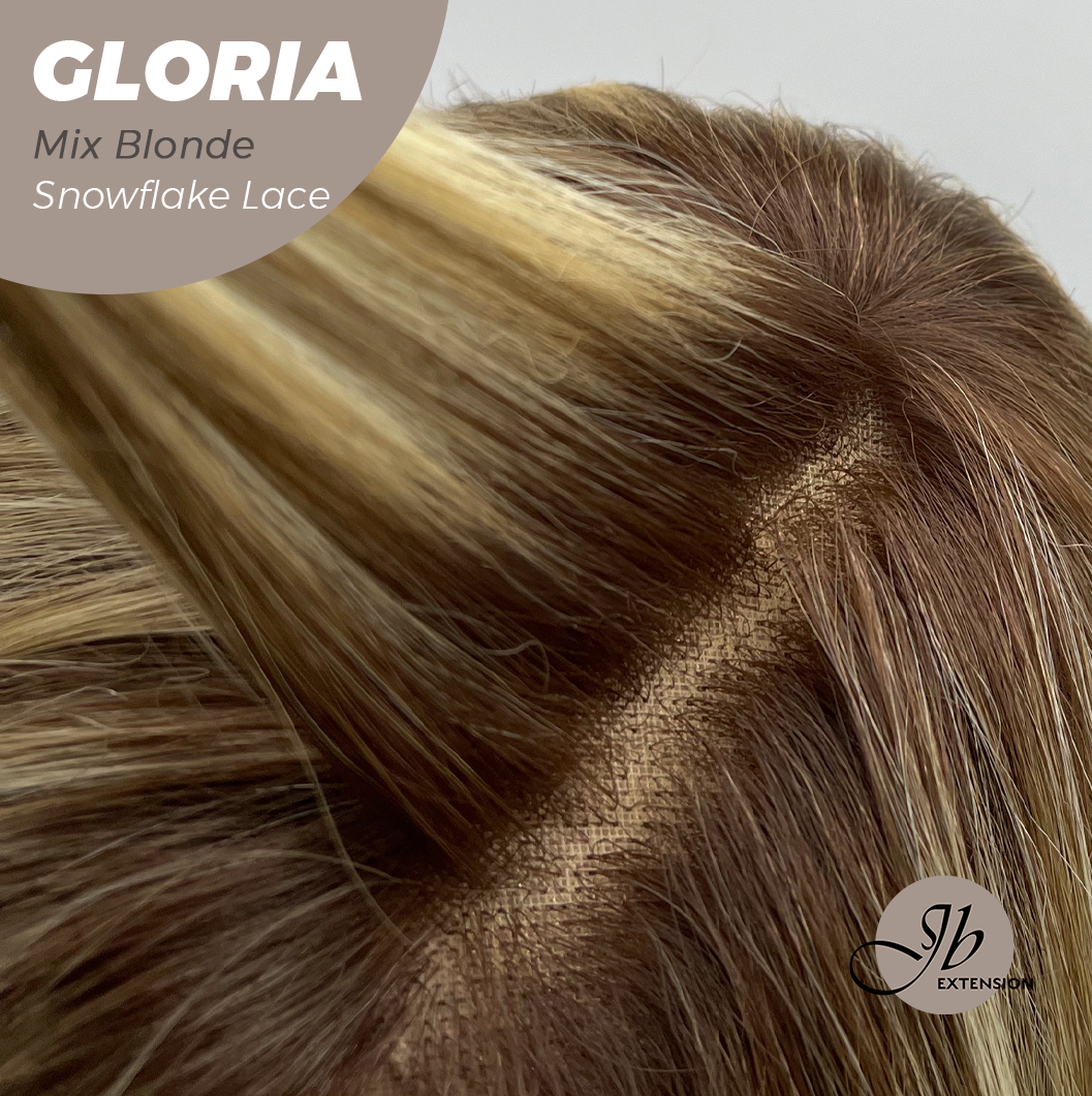 JBEXTENSION 14 Inches Curly Mix Blonde Wig with Bangs Pre-Cut Arc Snowflake Lace Frontlace Glueless Wig GLORIA MIX BLONDE【BENDY EAR TABS】