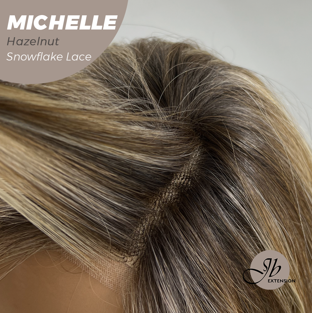 JBEXTENSION 10 Inches Hazelnut Blonde Highlight Pre-Cut Side Part Snowflake Lace Frontlace Glueless Wig MICHELLE HAZELNUT【BENDY EAR TABS】- M/L