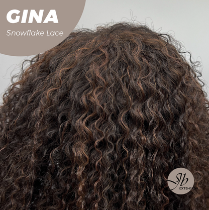 [FINAL SALE] JBEXTENSION 16 Inches Deep Curly Black with Brown Highlight Pre-Cut Snowflake Lace Frontlace Glueless Wig GINA SNOWFLAKE【PERMATEASE】【BENDY EAR TABS】