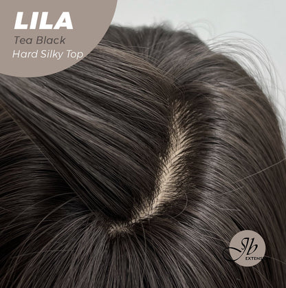 JBEXTENSION 20 Inches Scalpiana Tea Black Darkest Brown Wolf Cut 3.5X4 Hard Silky Top Natural Scalp Effect Wig With Bangs LILA TEA BLACK