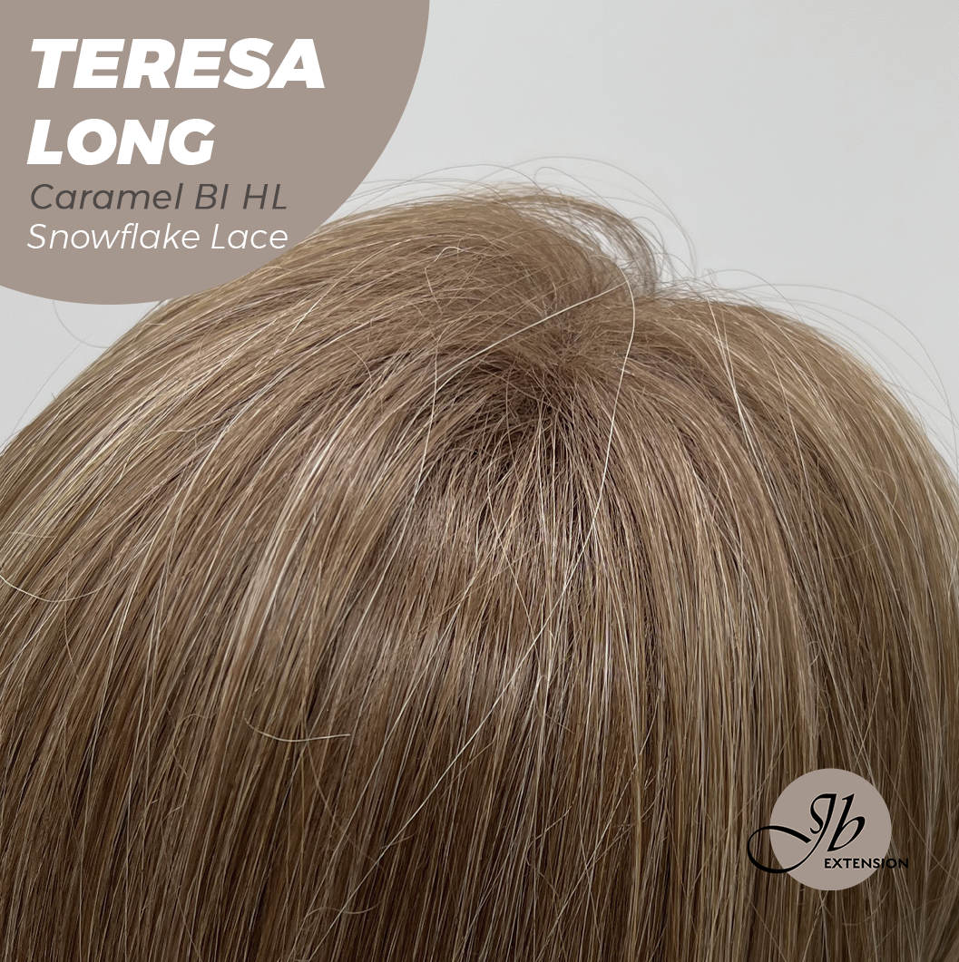 JBEXTENSION 22 Inches Long Caramel Blonde Highlight Pre-Cut Snowflake Lace Frontlace Glueless Wig TERESA LONG CARAMEL BLONDE HIGHLIGHT【PERMATEASE】【BENDY EAR TABS】- M/L