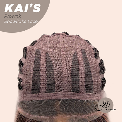 JBEXTENSION 18 Inches Brown with Pink Highlight Pre-Cut Snowflake Lace Frontlace Glueless Wig KAI'S PROWNK【PERMATEASE】【BENDY EAR TABS】- M/L