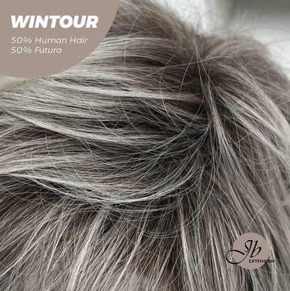 JBEXTENSION Pixie Cut Silver Half Real Human Hair Half Futura Fiber Fashion Women Wig WINTOUR