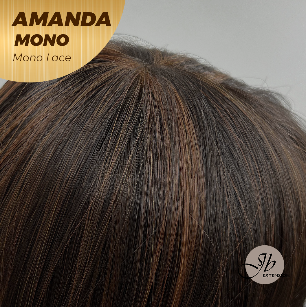 JBEXTENSION AMANDA MONO Full Monofilament Handmade Full Lace Full Hand Tied Wig 10 Inches Black With Caramel Highlight Mono Lace Handmade Futura Fiber Wig Glueless Wig AMANDA MONO【BENDY EAR TABS】