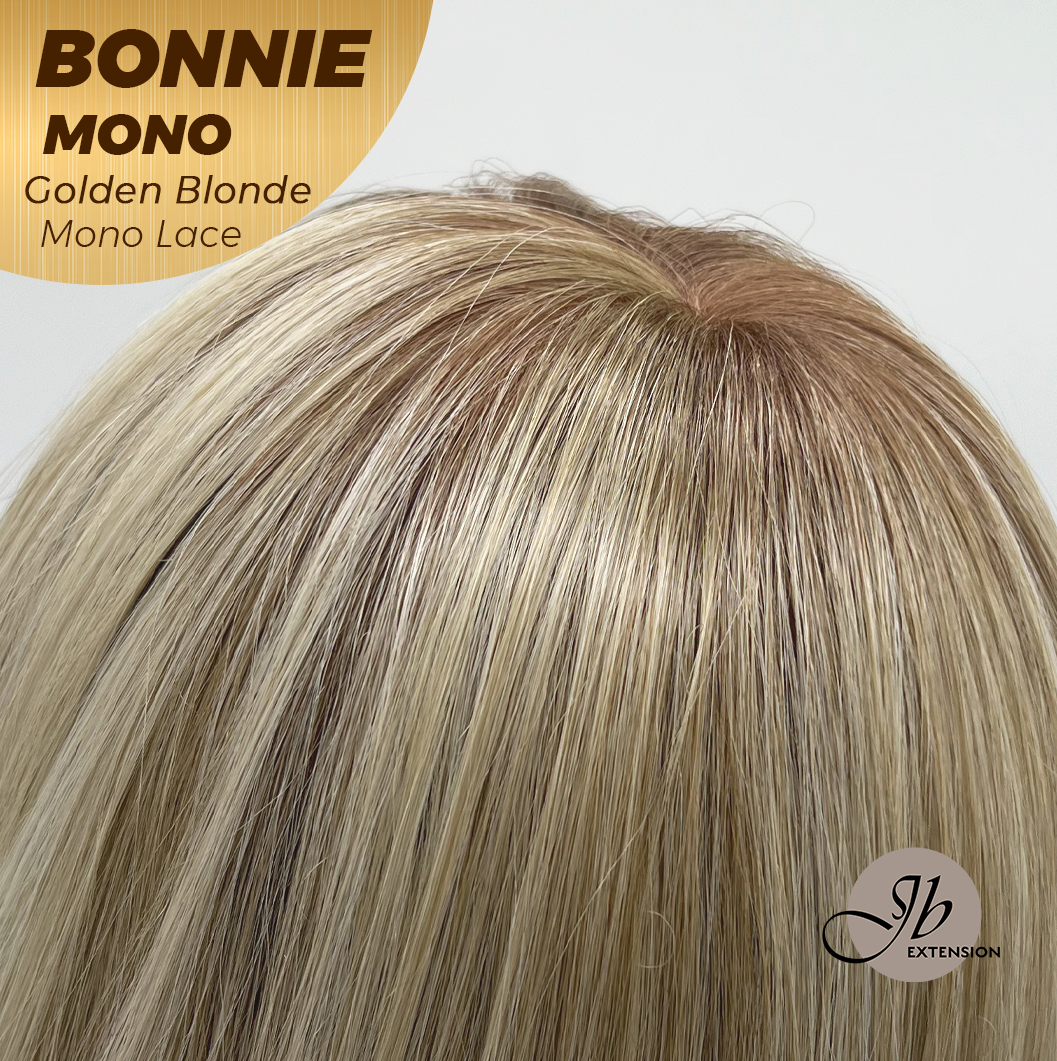 JBEXTENSION BONNIE MONO Full Monofilament Handmade Full Lace Full Hand Tied Wig 12 Inches Golden Blonde With Dark Root Mono Lace Handmade Futura Fiber Glueless Wig BONNIE MONO GOLDEN BLONDE【BENDY EAR TABS】