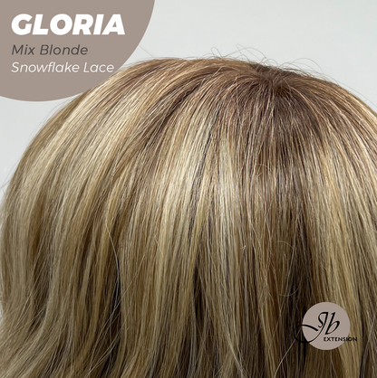 JBEXTENSION 14 Inches Curly Mix Blonde Wig with Bangs Pre-Cut Arc Snowflake Lace Frontlace Glueless Wig GLORIA MIX BLONDE【BENDY EAR TABS】