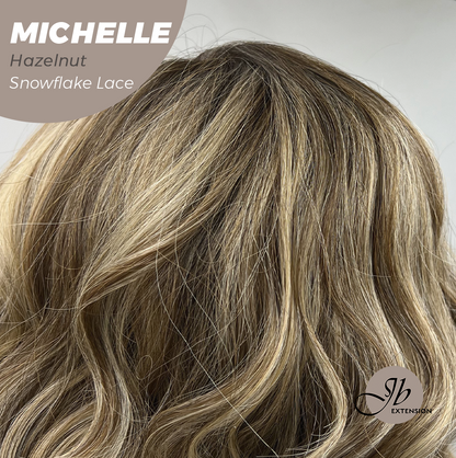 JBEXTENSION 10 Inches Hazelnut Blonde Highlight Pre-Cut Side Part Snowflake Lace Frontlace Glueless Wig MICHELLE HAZELNUT【BENDY EAR TABS】- M/L