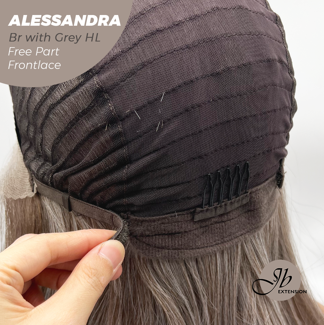 JBEXTENSION 20 Inches Brown with Grey Highlight Curly Fiber X, Tangle Less Pre-Cut Free Part Frontlace Glueless Wig ALESSANDRA GREY【FIBER X】