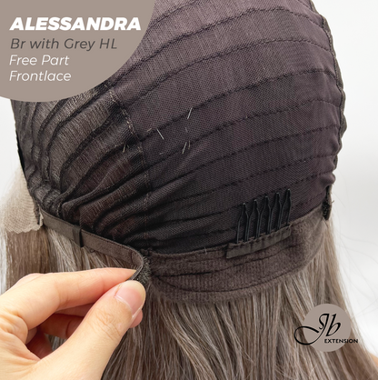 JBEXTENSION 20 Inches Brown with Grey Highlight Curly Fiber X, Tangle Less Pre-Cut Free Part Frontlace Glueless Wig ALESSANDRA GREY【FIBER X】