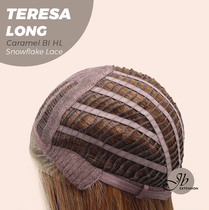 JBEXTENSION 22 Inches Long Caramel Blonde Highlight Pre-Cut Snowflake Lace Frontlace Glueless Wig TERESA LONG CARAMEL BLONDE HIGHLIGHT【PERMATEASE】【BENDY EAR TABS】- M/L