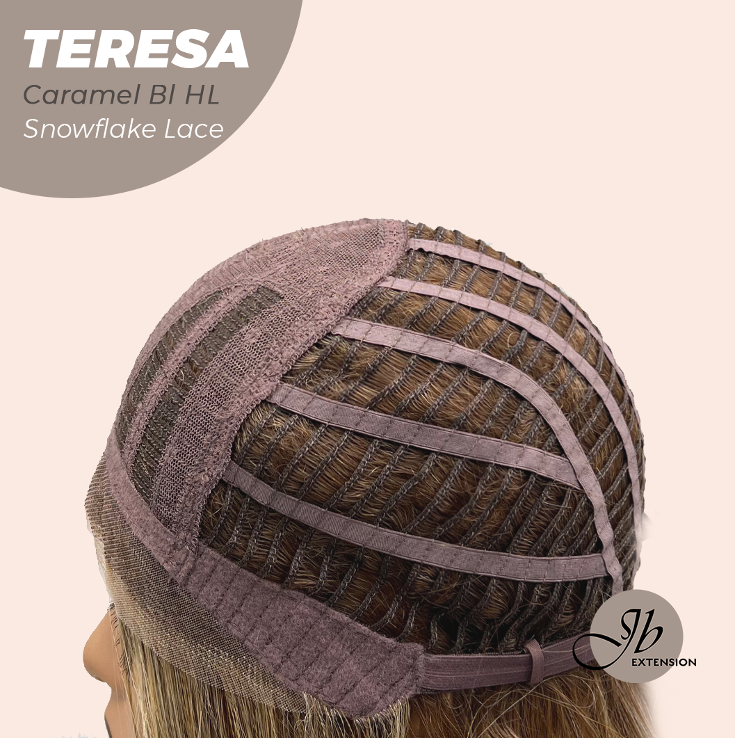 JBEXTENSION 18 Inches Caramel Blonde Highlight Pre-Cut Snowflake Lace Frontlace Glueless Wig TERESA CARAMEL BLONDE HIGHLIGHT【PERMATEASE】【BENDY EAR TABS】- M/L
