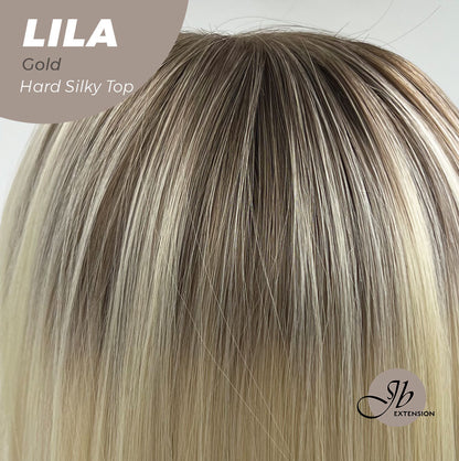 JBEXTENSION 20 Inches Scalpiana Blonde Wolf Cut 3.5X4 Hard Silky Top Natural Scalp Effect Wig With Bangs LILA GOLD