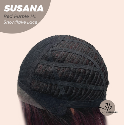 JBEXTENSION 9 Inches Red Purple Highlight Pre-Cut Side Part Snowflake Lace Frontlace Glueless Wig SUSANA RED PURPLE HIGHLIGHT【BENDY EAR TABS】
