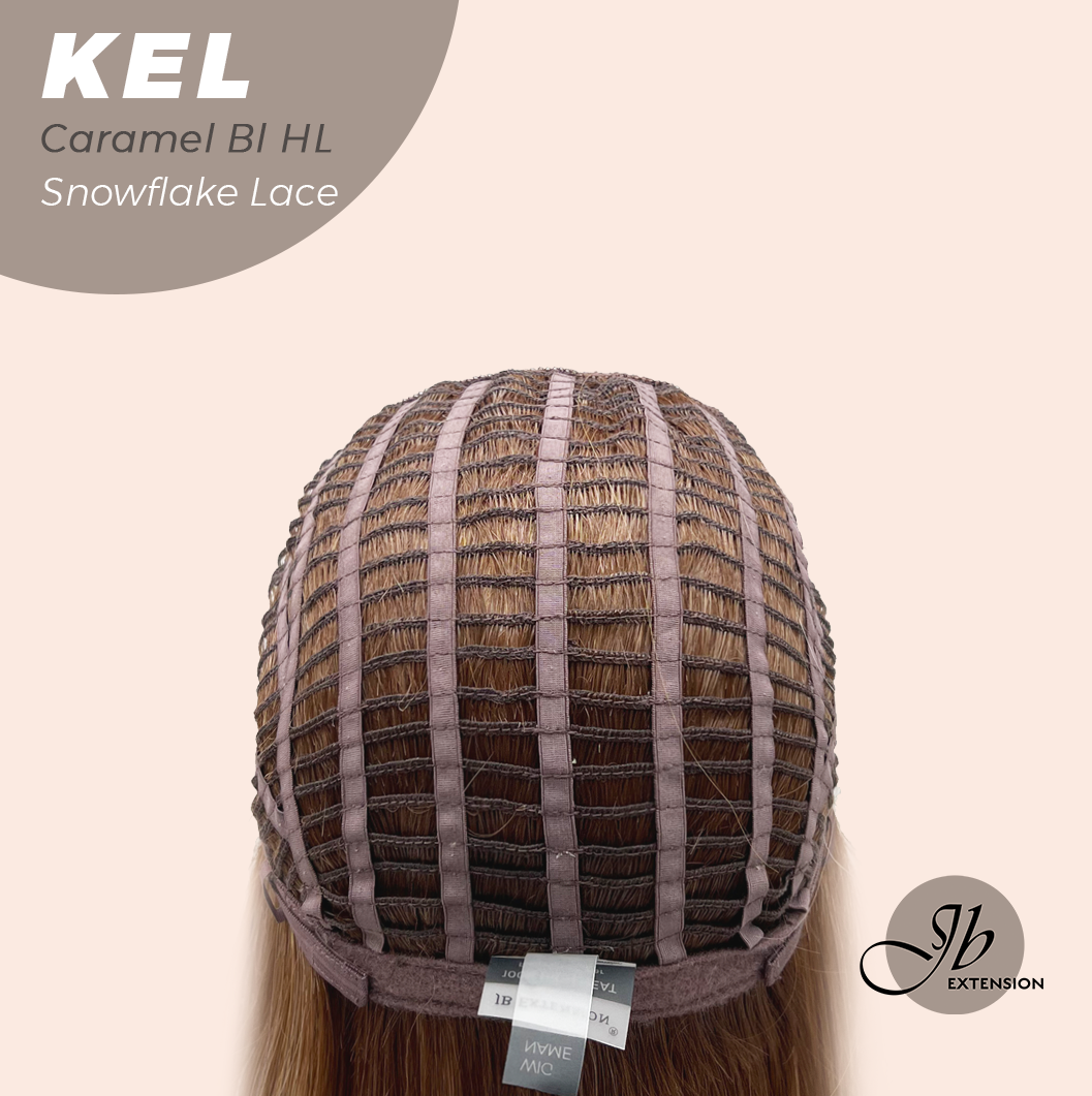 JBEXTENSION 22 Inches Caramel Blonde Highlight Pre-Cut Snowflake Lace Frontlace Glueless Wig KEL CARAMEL BLONDE HIGHLIGHT【PERMATEASE】【BENDY EAR TABS】- M/L