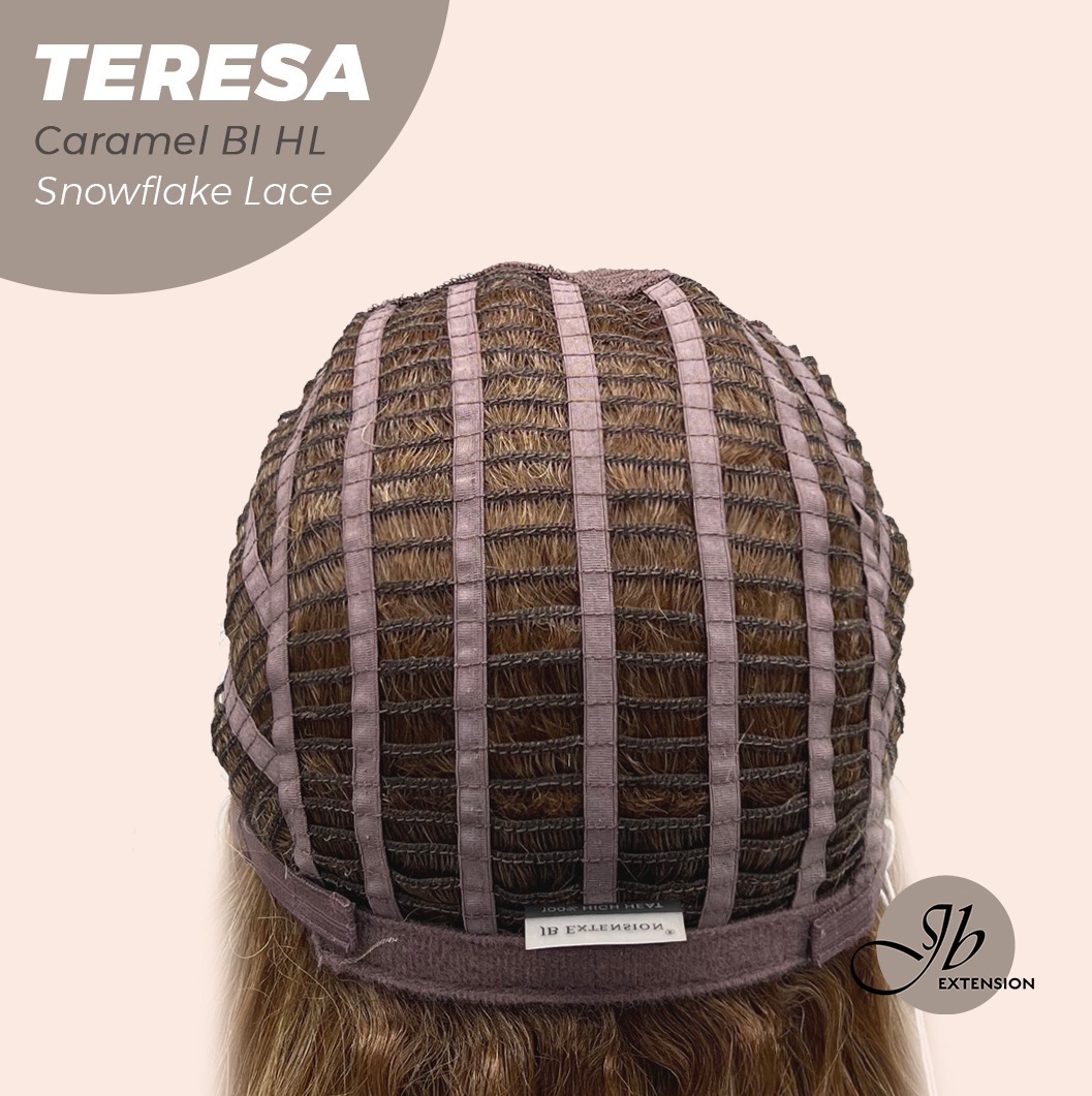 JBEXTENSION 18 Inches Caramel Blonde Highlight Pre-Cut Snowflake Lace Frontlace Glueless Wig TERESA CARAMEL BLONDE HIGHLIGHT【PERMATEASE】【BENDY EAR TABS】- M/L
