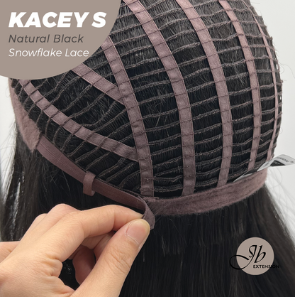 JBEXTENSION 20 Inches Natural Black Pre-Cut Snowflake Lace Frontlace Glueless Wig KACEY S NATURAL BLACK【PERMATEASE】【BENDY EAR TABS】- M/L