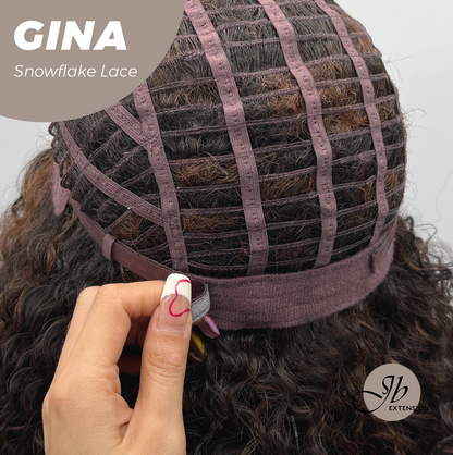 [FINAL SALE] JBEXTENSION 16 Inches Deep Curly Black with Brown Highlight Pre-Cut Snowflake Lace Frontlace Glueless Wig GINA SNOWFLAKE【PERMATEASE】【BENDY EAR TABS】