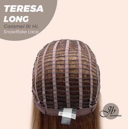 JBEXTENSION 22 Inches Long Caramel Blonde Highlight Pre-Cut Snowflake Lace Frontlace Glueless Wig TERESA LONG CARAMEL BLONDE HIGHLIGHT【PERMATEASE】【BENDY EAR TABS】- M/L