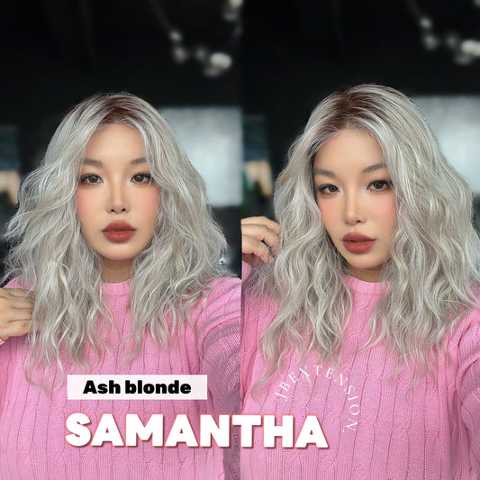 JBEXTENSION SAMANTHA MONO Full Monofilament Handmade Full Lace Full Hand Tied Wig 17 Inches Ash Blonde Mono Lace Handmade Futura Fiber Wig with Anti-slip Silicone Strips Glueless Wig SAMANTHA MONO ASH BLONDE【BENDY EAR TABS】
