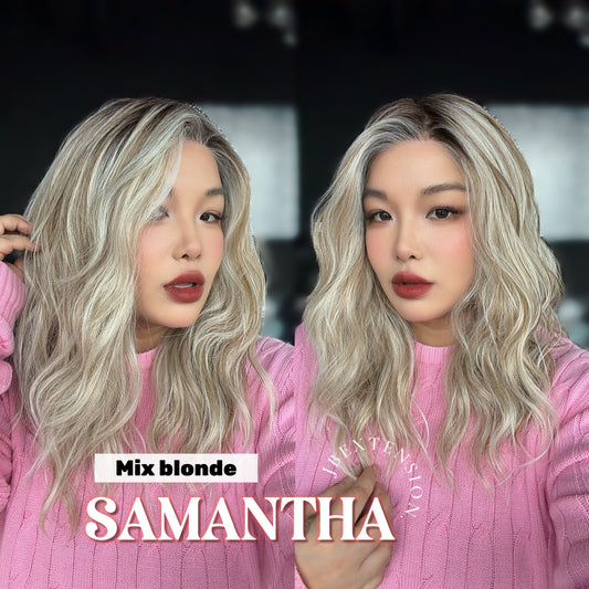 JBEXTENSION SAMANTHA MONO Full Monofilament Handmade Full Lace Full Hand Tied Wig 17 Inches Mix Blonde Mono Lace Handmade Futura Fiber Wig with Anti-slip Silicone Strips Glueless Wig SAMANTHA MONO MIX BLONDE【BENDY EAR TABS】