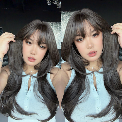 JBEXTENSION 26 Inches Long Midnight Brown(Black/Brown) Wig with Bangs AURA MIDNIGHT BROWN