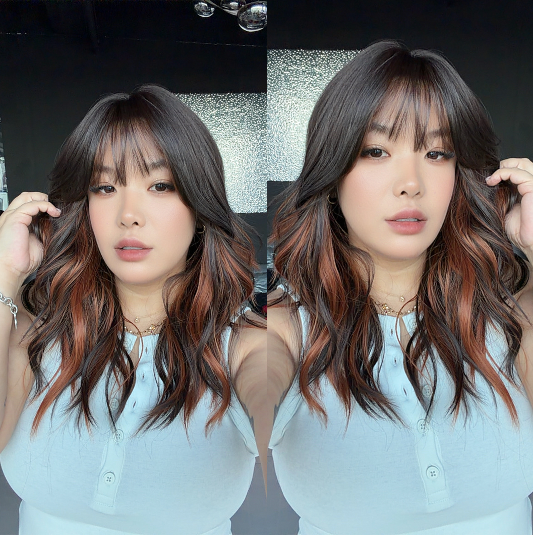 JBEXTENSION 20 Inches Wave Brunette Copper Highlight Wig with Bangs KIS BRUNETTE COPPER HIGHLIGHT