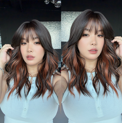 JBEXTENSION 20 Inches Wave Brunette Copper Highlight Wig with Bangs KIS BRUNETTE COPPER HIGHLIGHT
